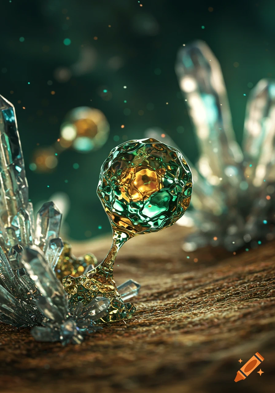 A macro shot of a green and gold crystalline orb resembling a molecule on a textured surface, surrounded by faceted crystals.