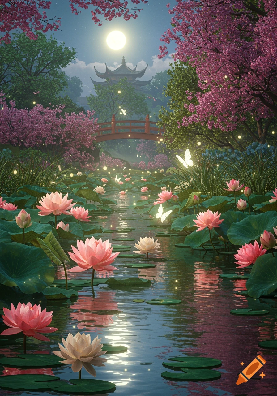 A dreamy lotus pond at night with glowing butterflies, blooming pink and white flowers, cherry blossoms, and a distant pagoda under a bright full moon.
