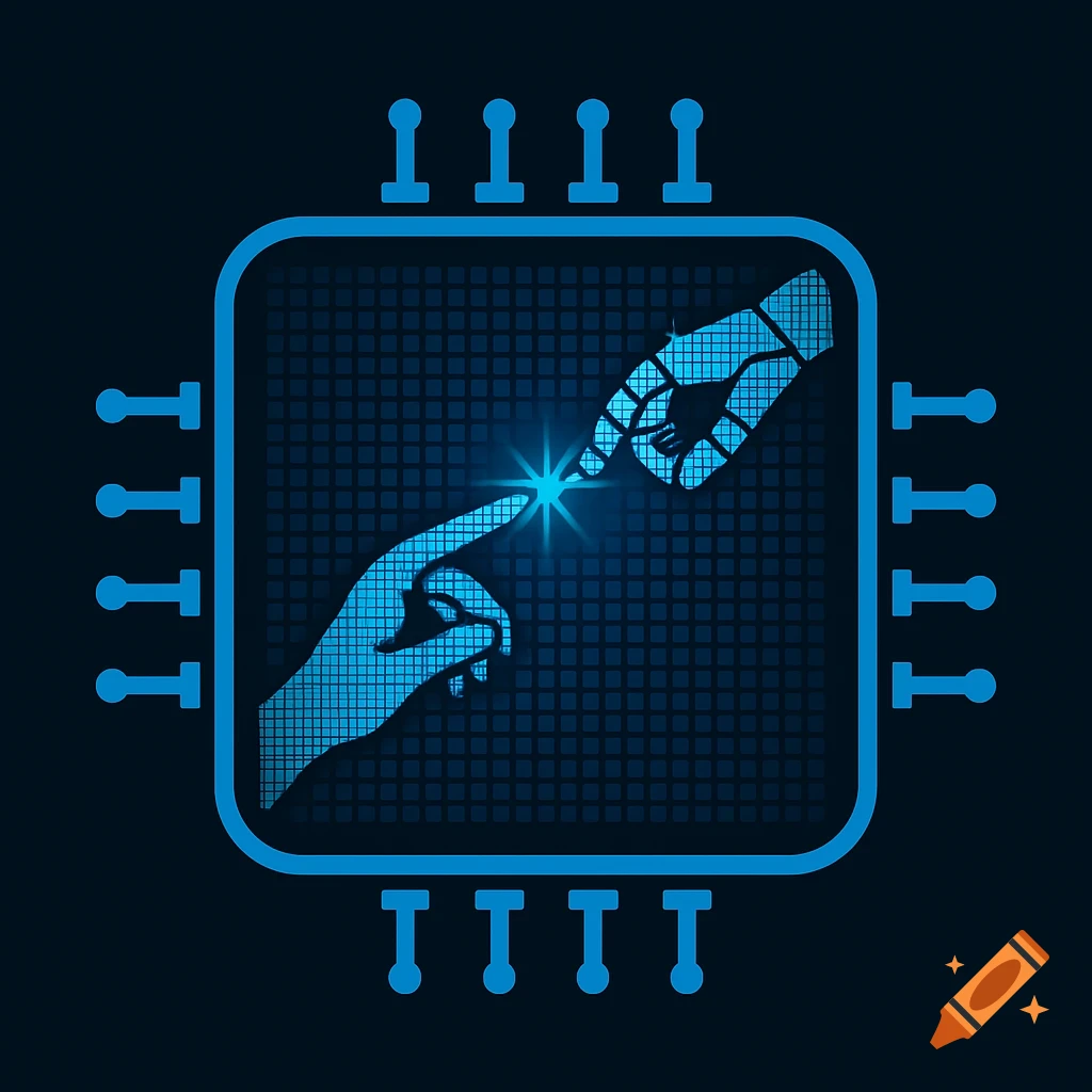 Digital logo of human and robot hands touching within a blue microprocessor, symbolizing AI interaction.