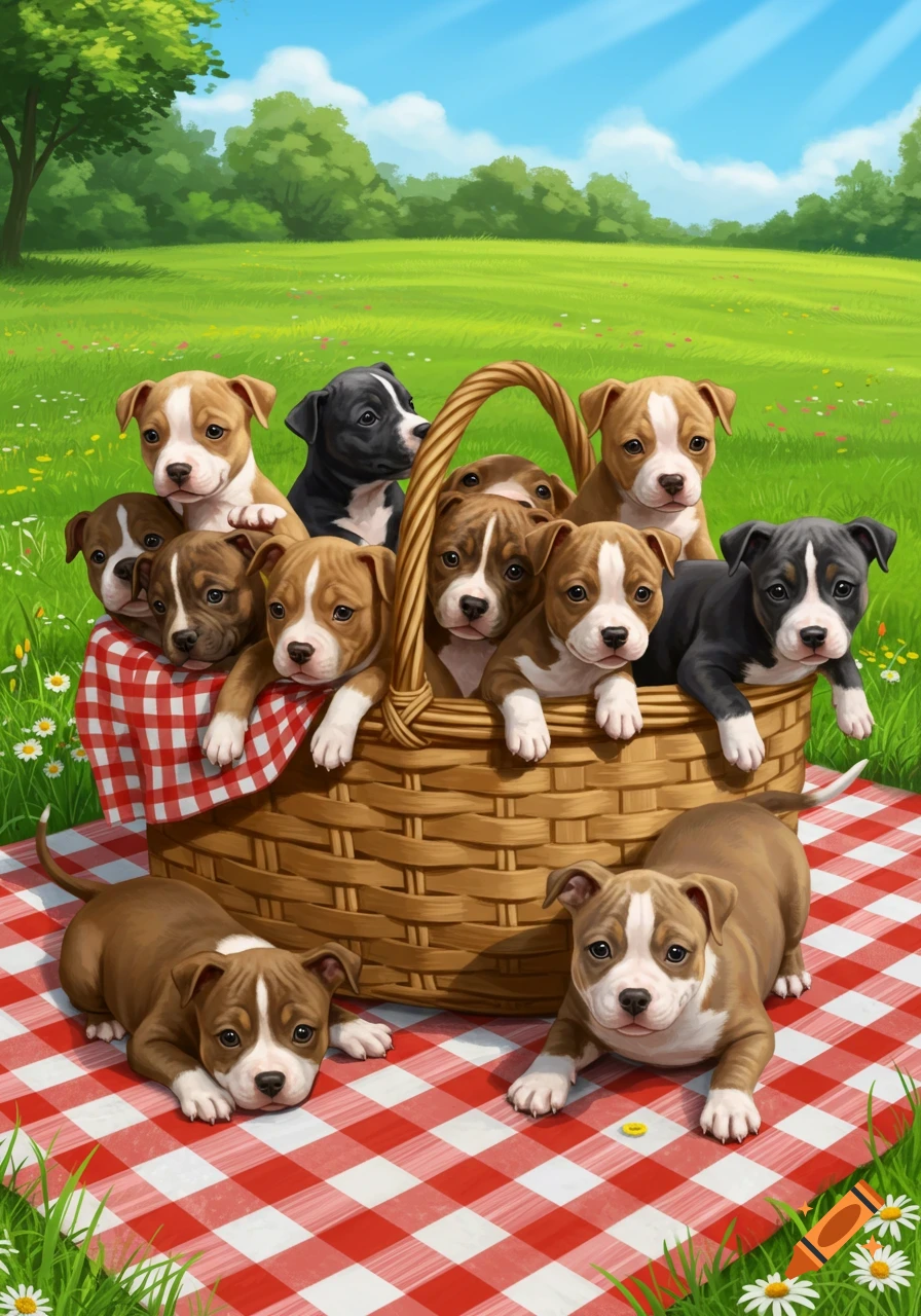 Many cute illustrated pit bull puppies in a picnic basket and on a red and white checkered blanket in a sunny green field.