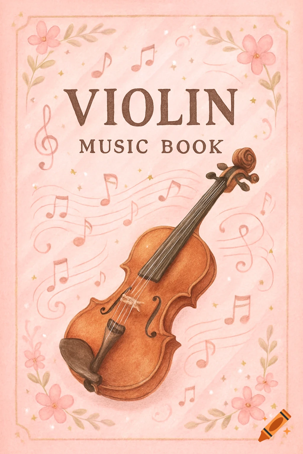 A cute pink watercolor violin music book cover with a floral border and musical notes.