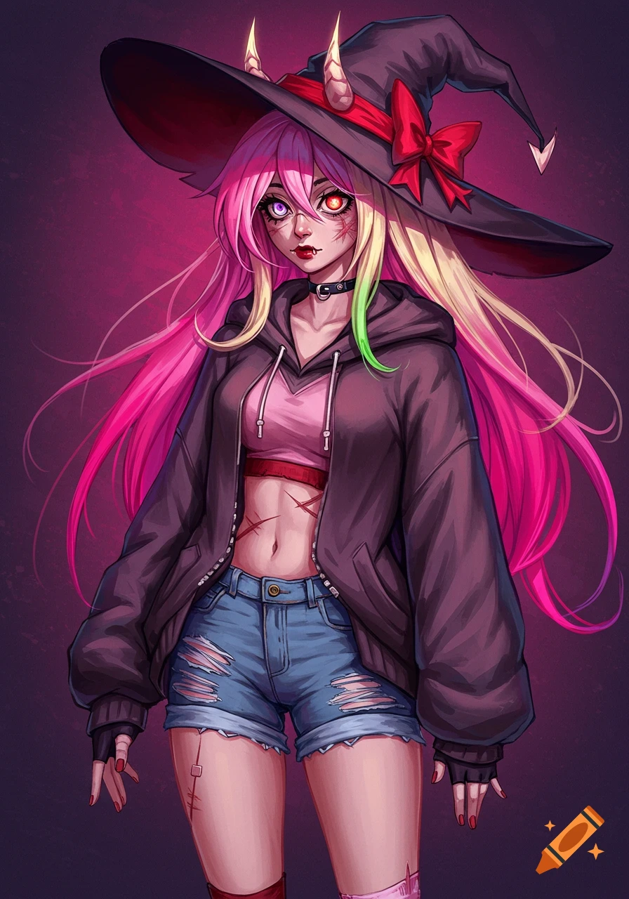 Anime girl with long pink and blonde hair, horns, witch hat, mismatched eyes, hoodie, ripped shorts, and scars.