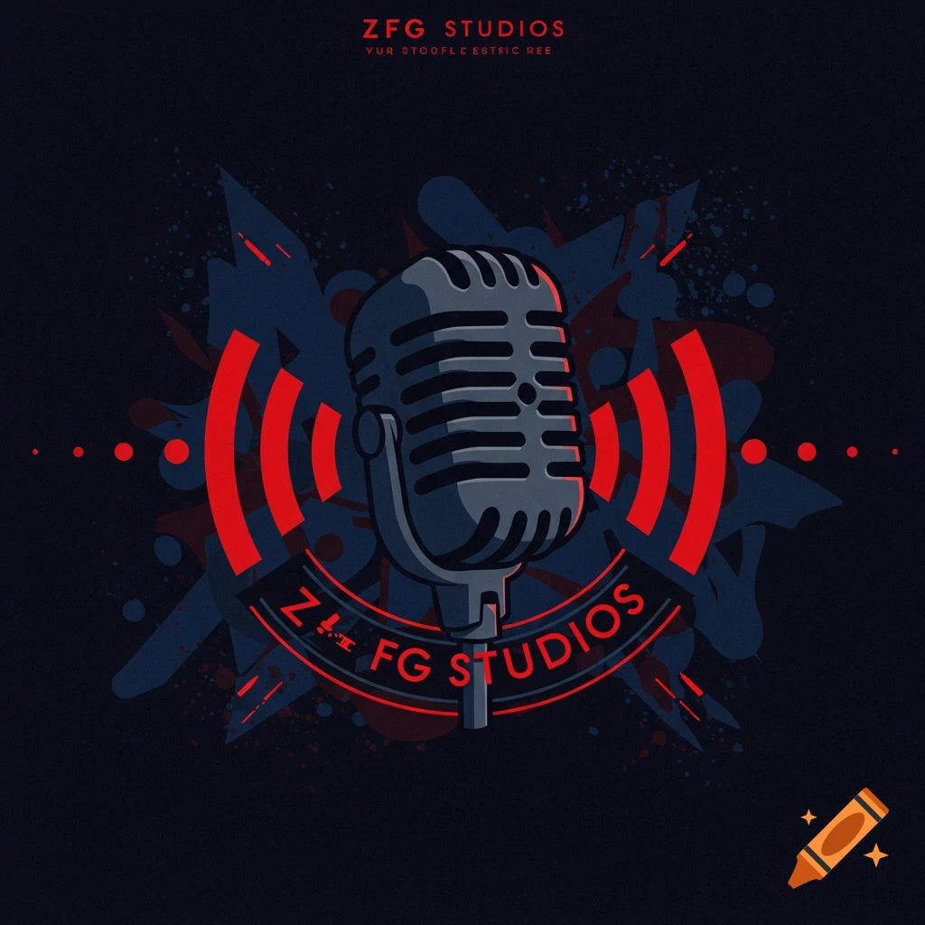 A dark, stylized logo featuring a vintage microphone with red sound waves and "ZFG STUDIOS" text.