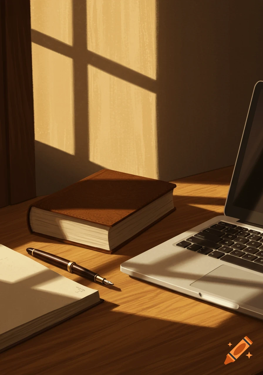 A closed book, laptop, and fountain pen on a wooden desk with sunlight casting window shadows, in an illustrated style.