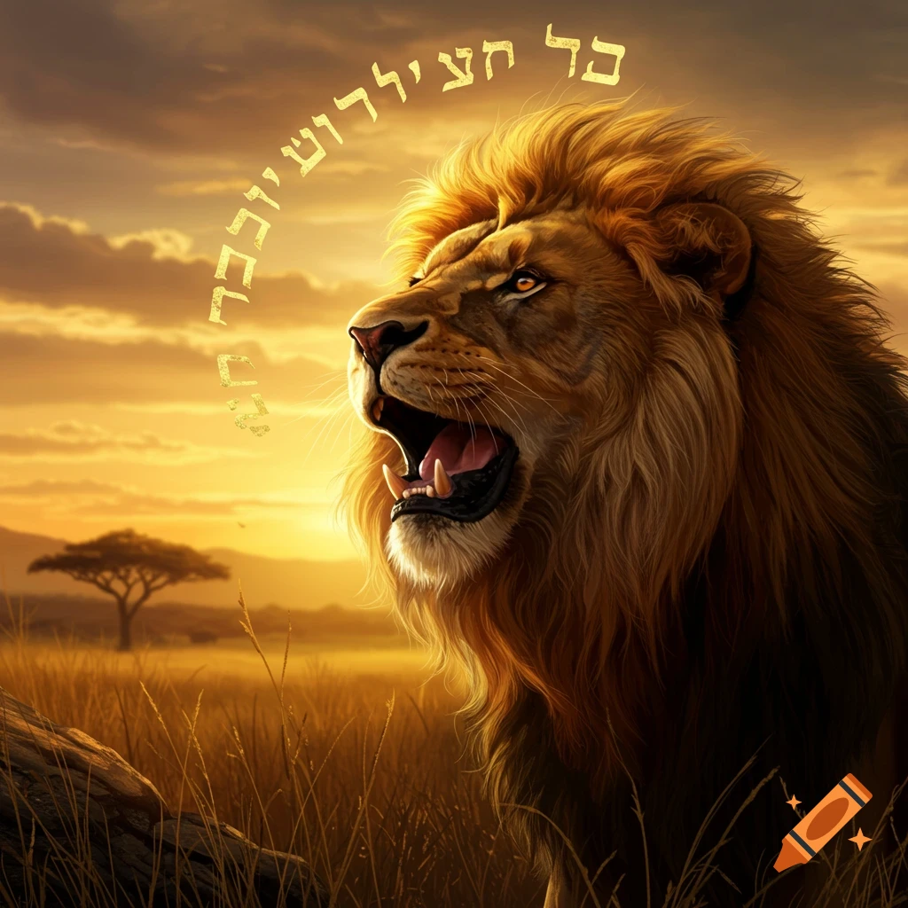 A majestic lion roars in profile against a vibrant golden savanna sunset, with golden Hebrew text arcing above its head.