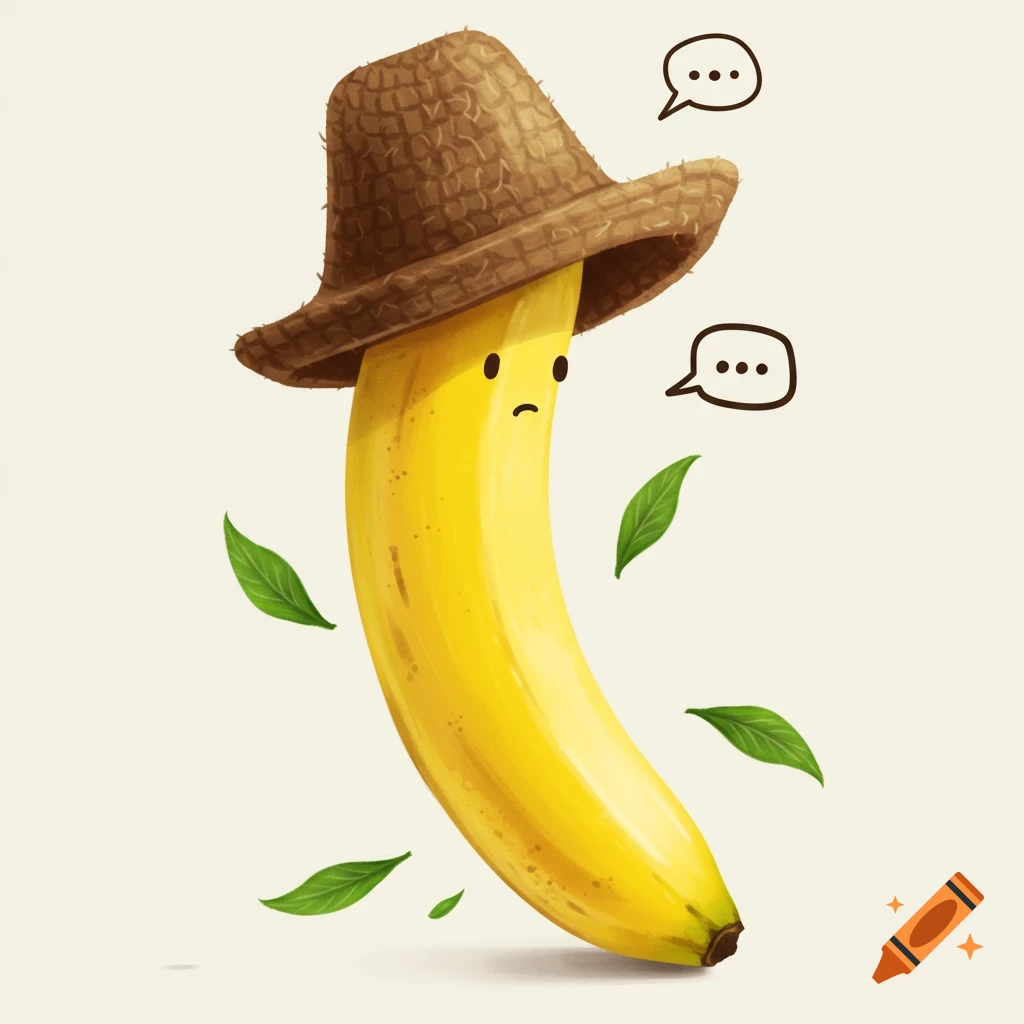 A sad-looking cartoon banana wearing a brown pakul hat, with green leaves floating around it, against a light background.