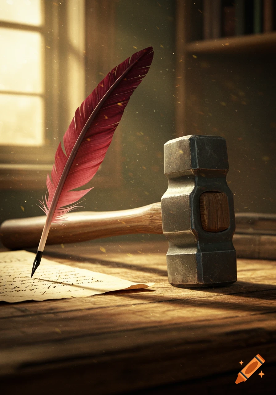 A red feather quill and a large metal hammer rest on a wooden desk with a piece of paper. Sunlight illuminates dust motes in a photorealistic style.