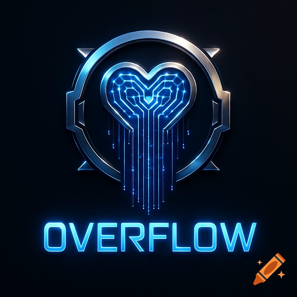 A futuristic metallic logo featuring glowing blue circuitry forming a heart, with data streams, and the word OVERFLOW in neon blue text.