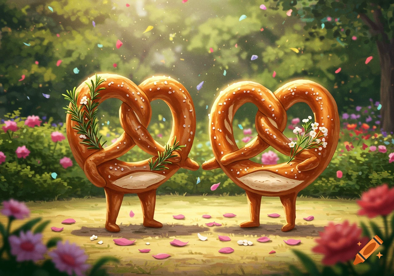Whimsical illustration of two anthropomorphic pretzels, one with rosemary and the other with small white flowers, in a lush garden with confetti.