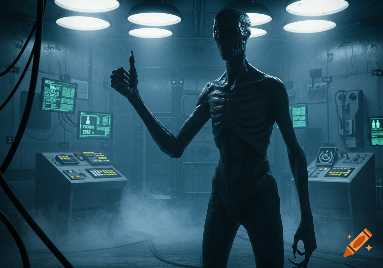 A gaunt, skeletal creature with glowing eyes stands in a dark, foggy sci-fi control room, giving a thumbs up. Photorealistic.