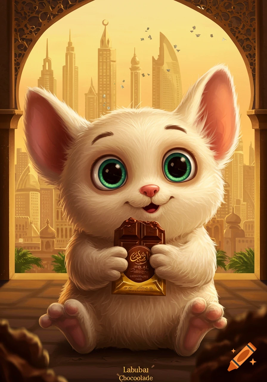 A cute, fluffy white cartoon creature with large green eyes holds a chocolate bar, sitting in front of a stylized golden cityscape seen through an arched window.