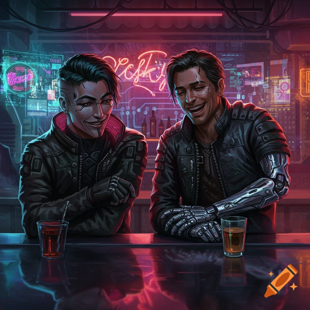 Two men with cybernetic enhancements laugh at a neon-lit cyberpunk bar, drinks on the counter.