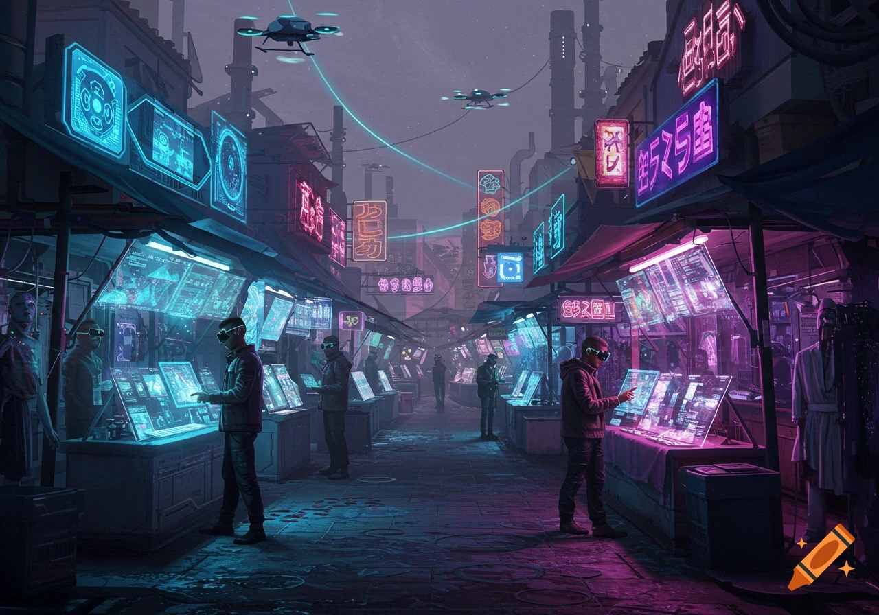 A dark, neon-lit cyberpunk market street at night, with people in VR headsets interacting with glowing holographic displays.