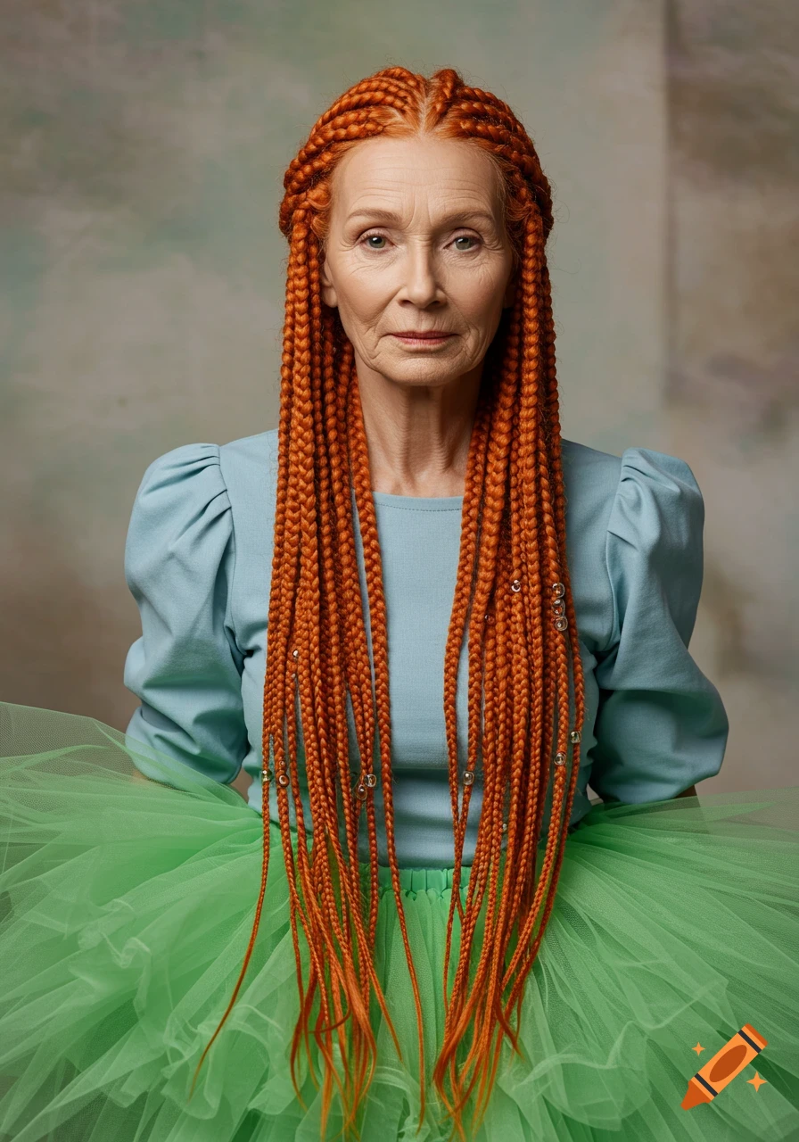 Realistic portrait of an elderly woman with long orange Fulani braids, wearing a light blue puff-sleeve blouse and a green tutu.