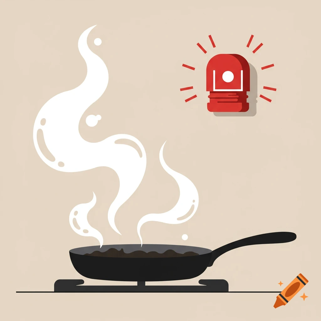 An illustration of a smoking pan on a stove with a red fire alarm blaring above it.