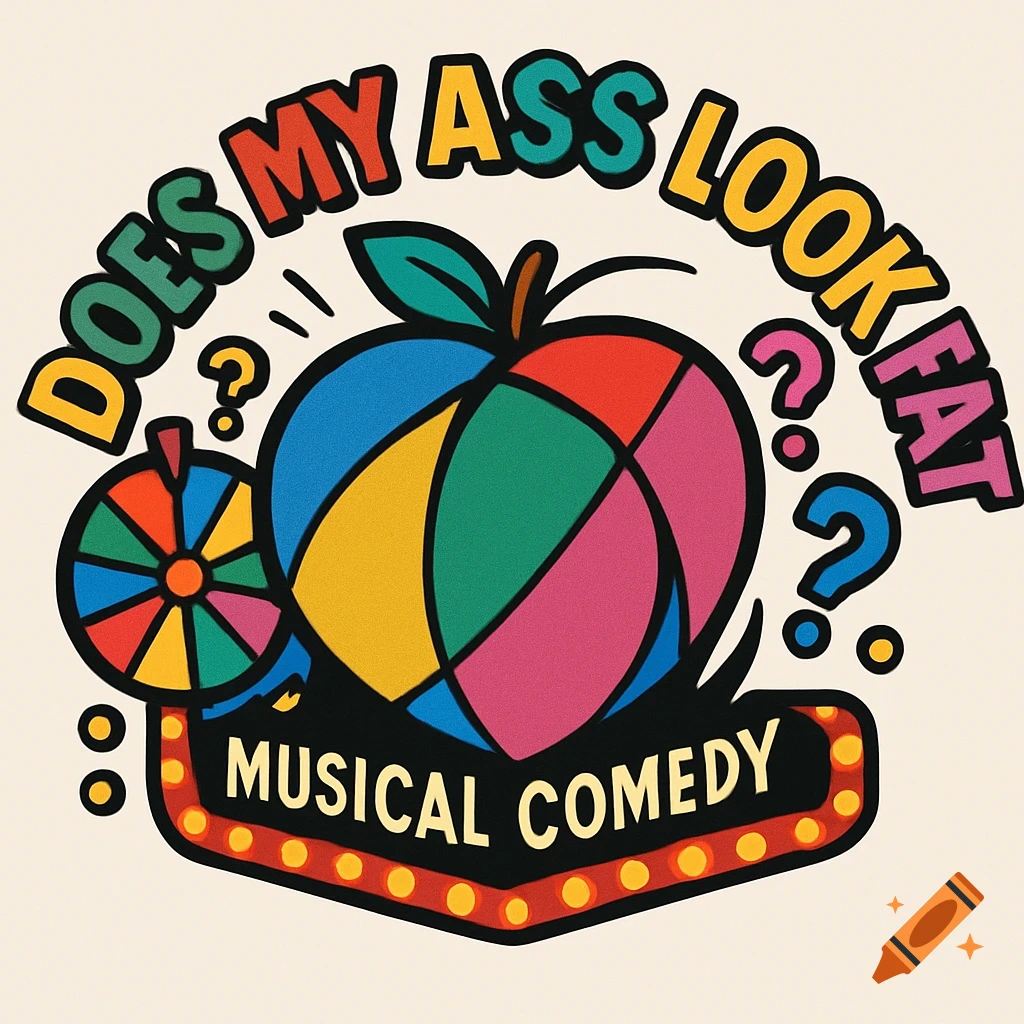 Colorful cartoon logo for a musical comedy titled 'Does My Ass Look Fat', featuring a segmented peach and a game show wheel.