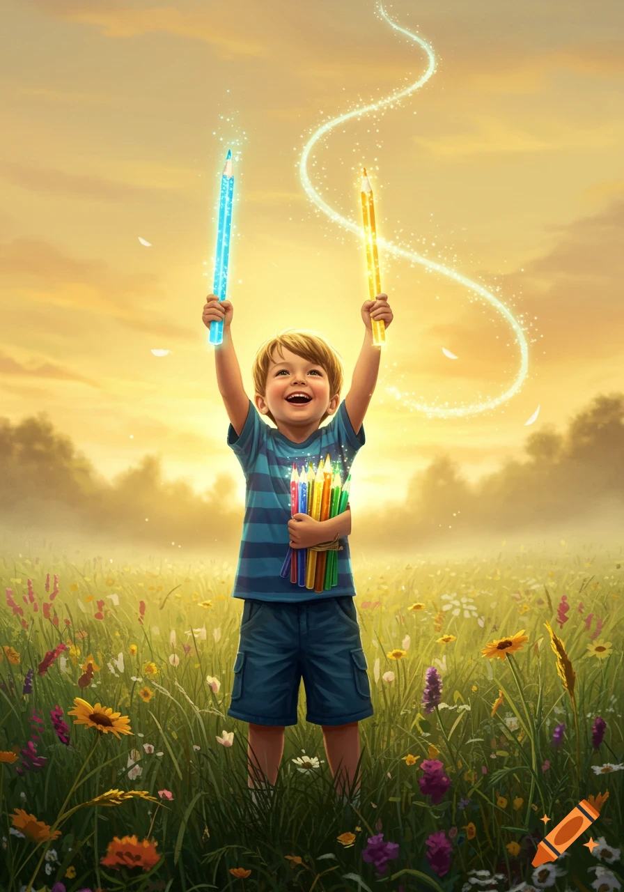A smiling little boy stands in a vibrant wildflower field at sunset, holding up two glowing magical pencils and a bundle of colorful pencils.