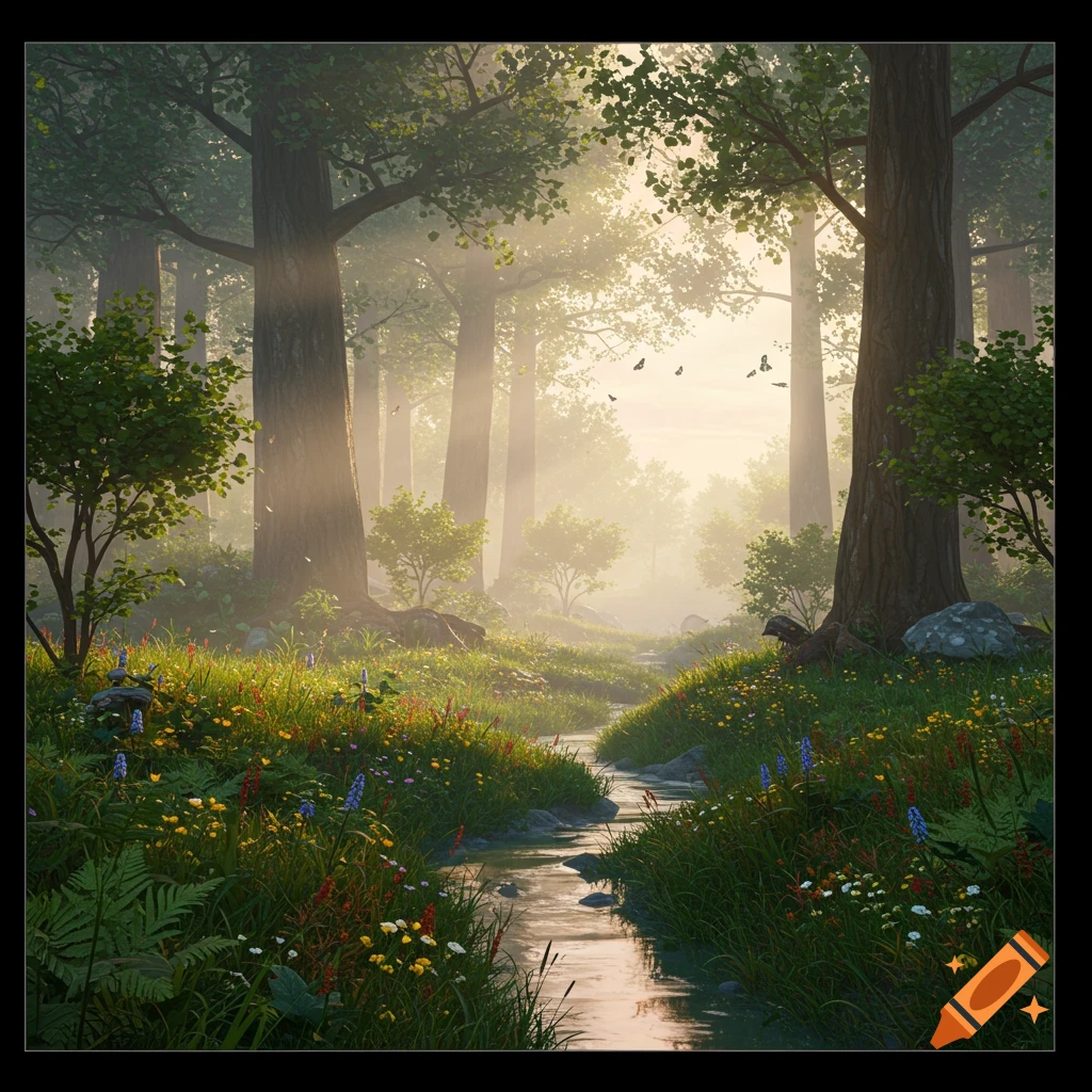 A sunlit, misty forest with tall trees, a winding stream, and colorful wildflowers, in a photorealistic style.