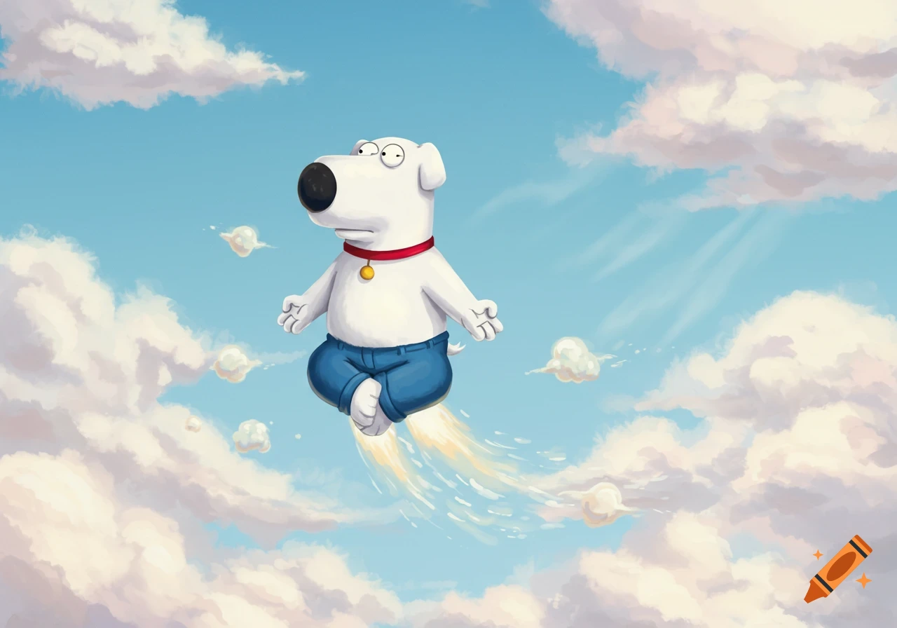 Brian Griffin from Family Guy flies through a cloudy blue sky, propelled by farts, wearing jeans and meditating.