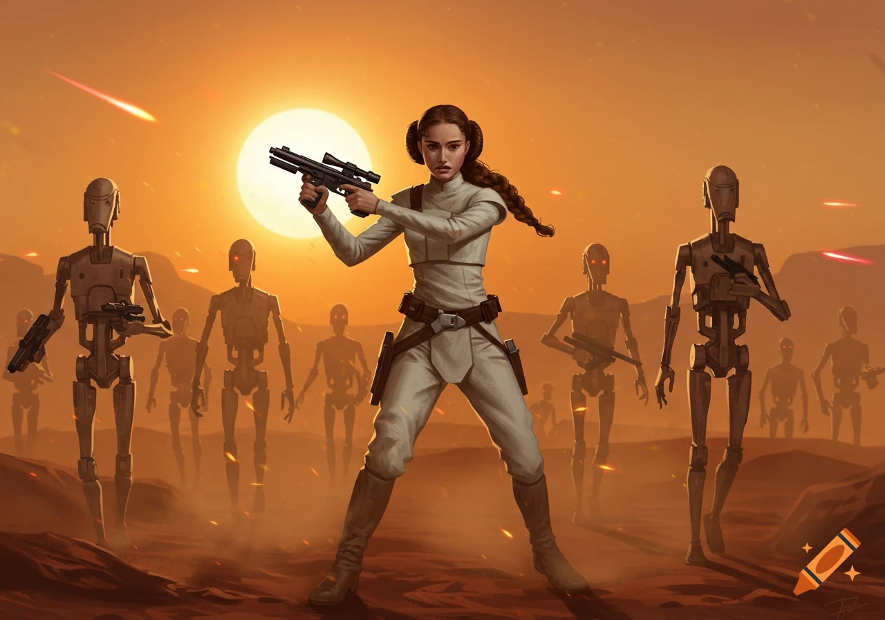 Padme Amidala holding a blaster, facing battle droids in a desert at sunset with blaster fire. Digital painting.