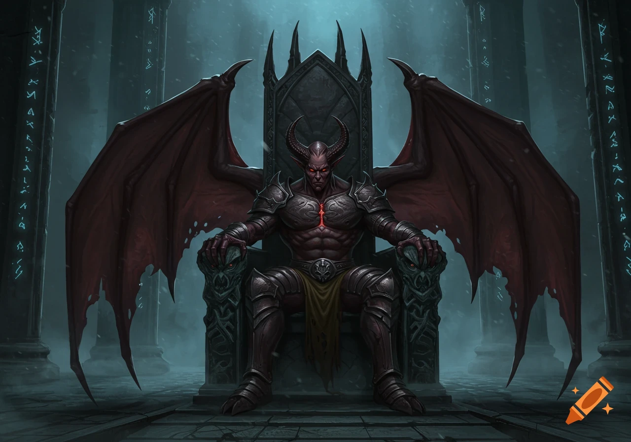 A horned, winged demon in dark armor with glowing red eyes sits on an ornate gothic throne in a shadowy stone chamber.