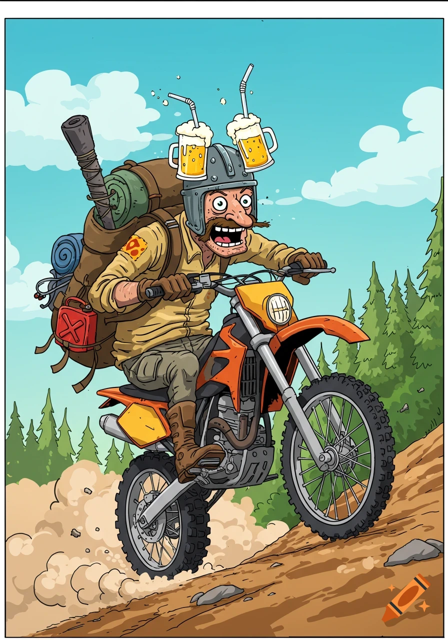 Cartoon man on a dirtbike riding up a dusty hill, wearing a beer helmet and a large backpack with fuel cans.
