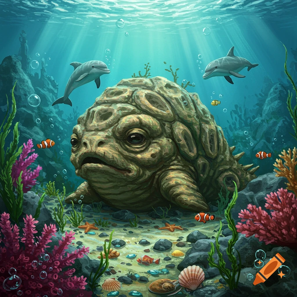 A detailed illustration of a large, ugly, toad-like barnacle creature on the seabed, with dolphins, clownfish, and coral.