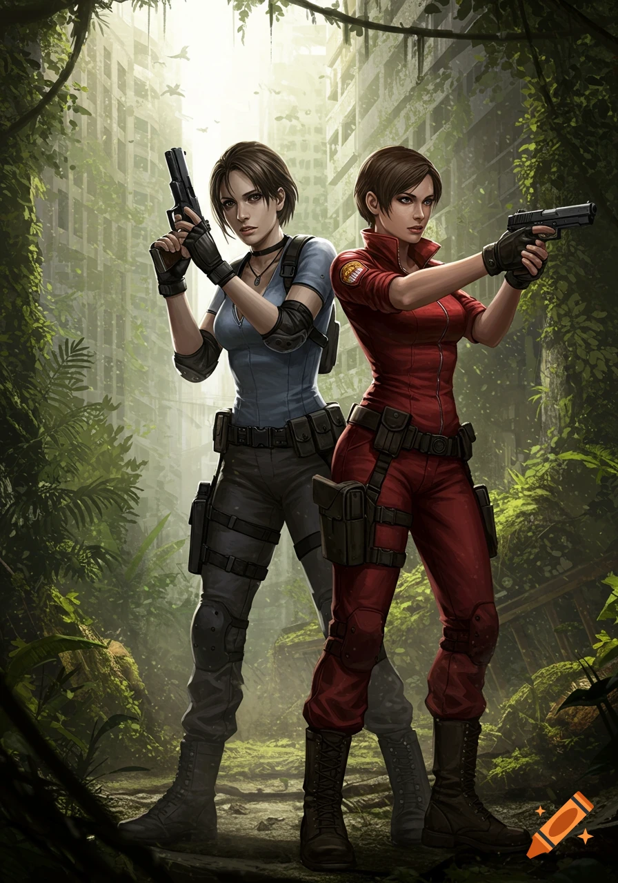 Two armed female video game characters, Jill Valentine and Regina, stand ready in an overgrown, ruined city. Detailed digital art.