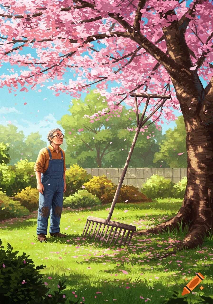 An older man in overalls and glasses stands in a vibrant garden, looking up at a cherry blossom tree shedding pink petals, a rake beside him.