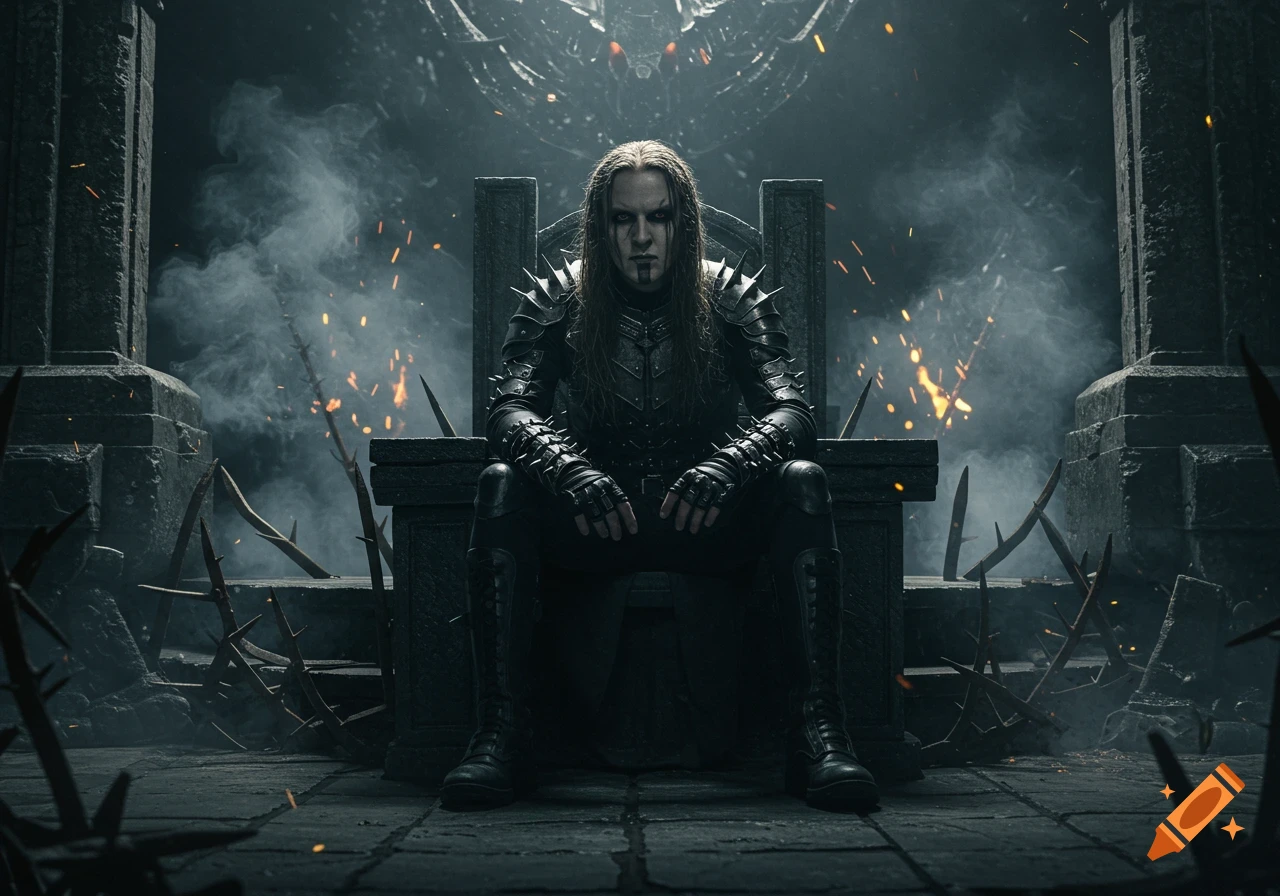 A person in spiked black armor with long hair and dark makeup sits on a dark, ornate throne amidst smoke and embers in a gothic setting.