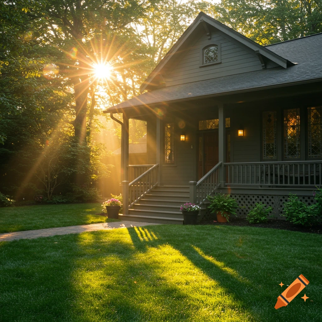 Photorealistic image of an elegant grey house with a front porch and a lush green lawn, bathed in golden sunlight filtering through trees.
