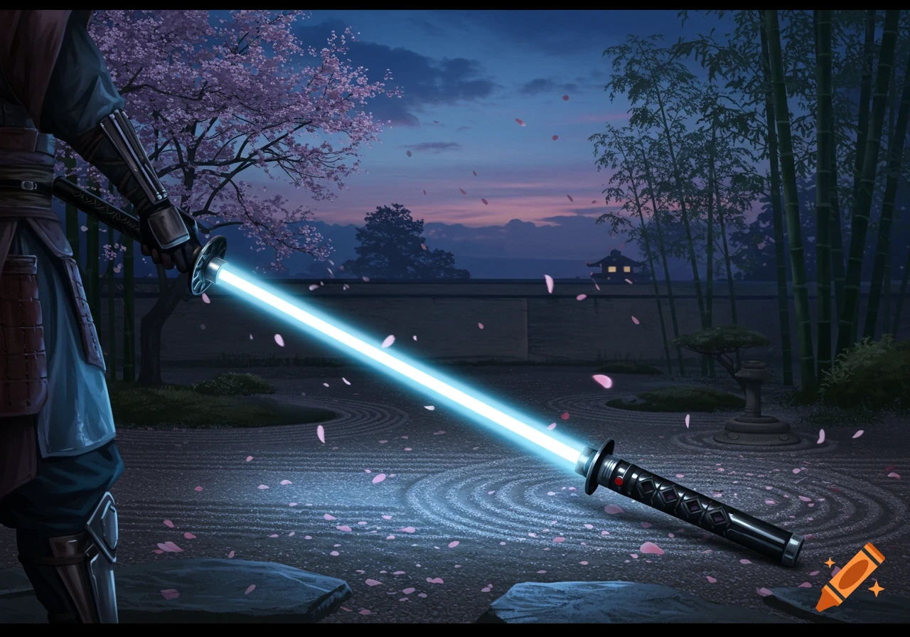 A warrior in a Japanese garden holds a glowing lightsaber-katana surrounded by cherry blossoms and bamboo at dusk.