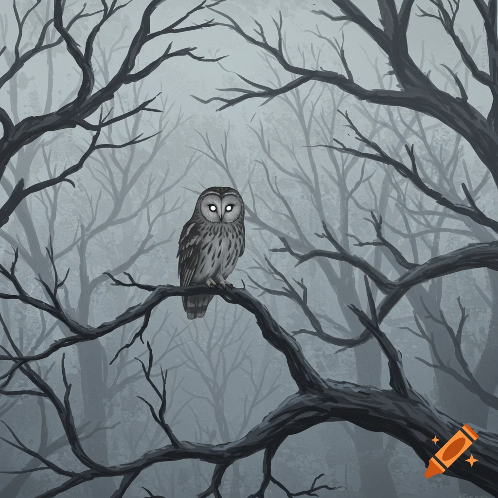A stylized illustration of an owl with glowing eyes perched on a bare branch in a misty, dark forest.