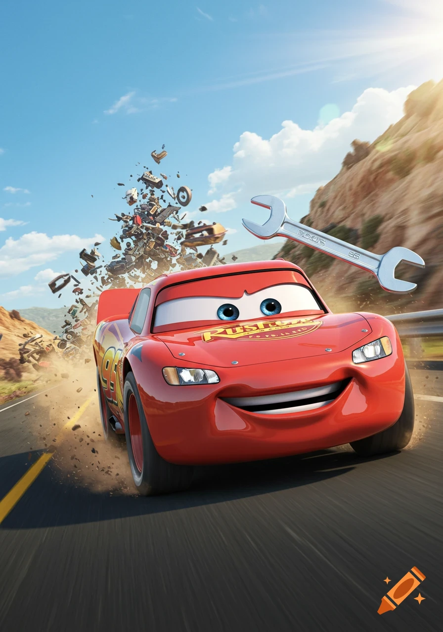 Lightning McQueen, a red race car with blue eyes, drives on a road with a flying wrench and a trail of exploding auto parts behind him, in a 3D animated style.