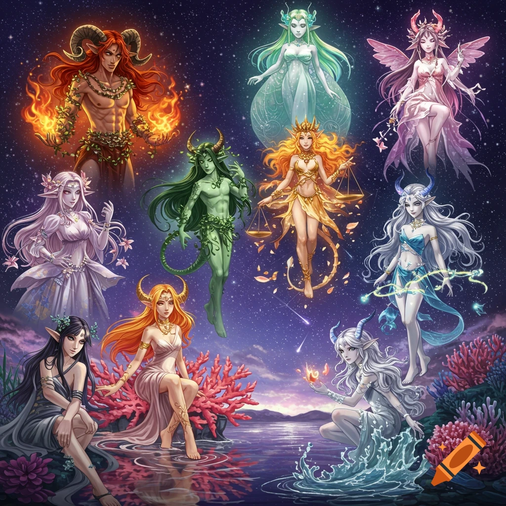 Anime fantasy art depicting twelve diverse zodiac characters with magical elements in a starry and coral reef landscape.
