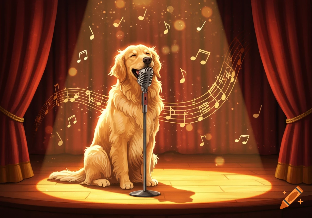 A golden retriever sits on a spotlighted stage, happily singing into a vintage microphone with musical notes floating around it.