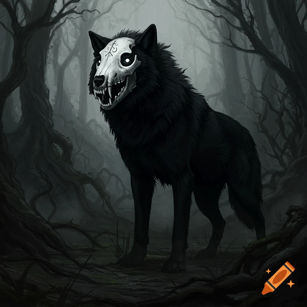 A menacing black wolf with a skull head, glowing white eyes, and large fangs stands in a dark, ominous forest.