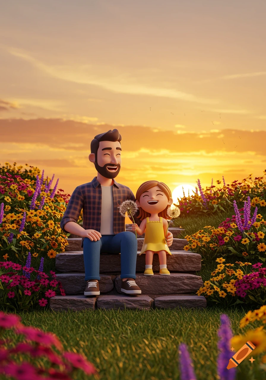 A happy 3D cartoon father and daughter sit on stone steps surrounded by colorful flowers at sunset, holding dandelions.