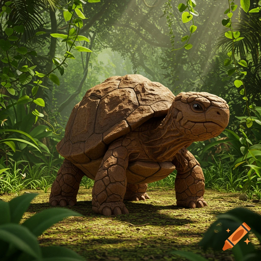 A large, photorealistic brown creature with a textured tortoise shell walks on a mossy jungle floor amidst lush green foliage.