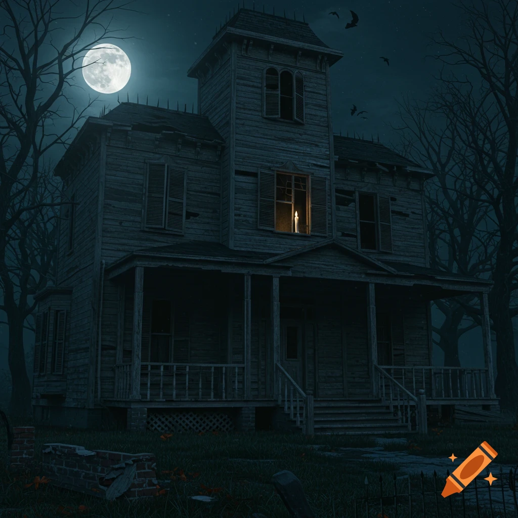 A spooky, old wooden haunted house under a full moon at night, with bare trees, broken shutters, and a single lit candle in a window.