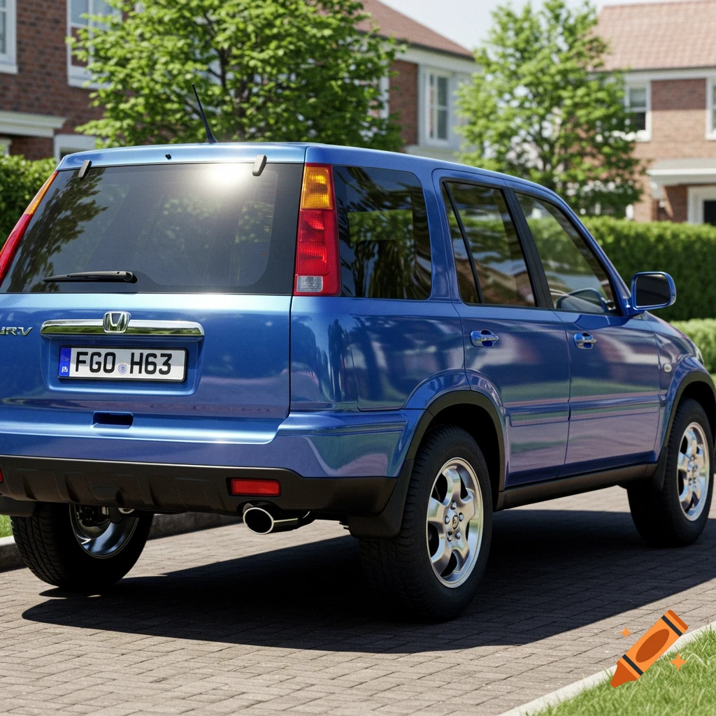 A shiny blue SUV, a Honda CR-V, is parked on a paved driveway in front of suburban houses on a sunny day.