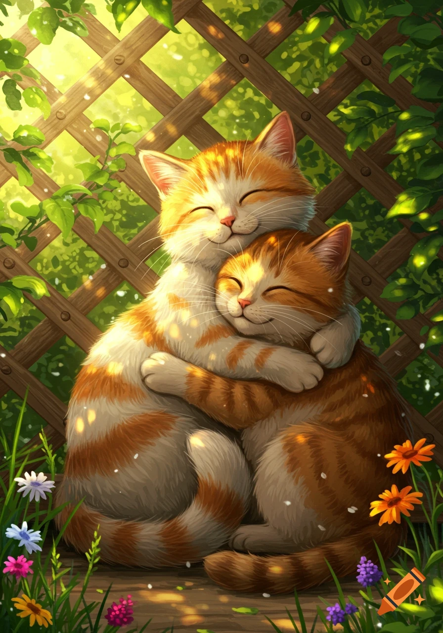 Two smiling orange and white tabby cats hug closely in a sunny garden with a wooden fence and colorful flowers, rendered in a cheerful illustration style.