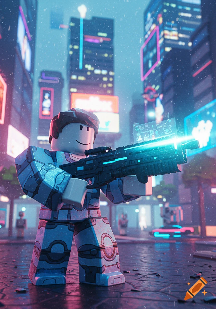 A Roblox character in blue-white armor holds a futuristic glowing gun in a neon-lit cyberpunk city at night, with snow falling.