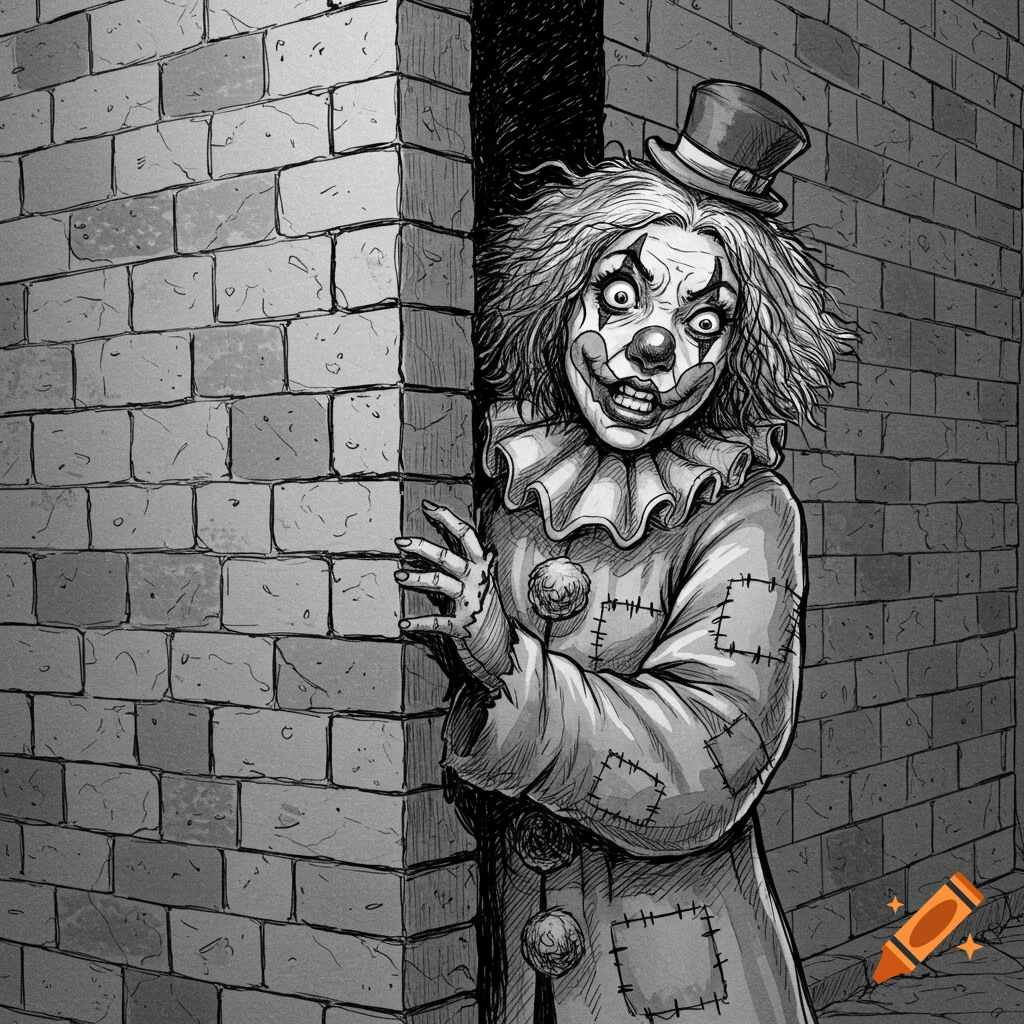 Black and white sketch of a creepy hobo clown with a top hat, wide eyes, and a taunting grin, peeking from behind a brick wall.
