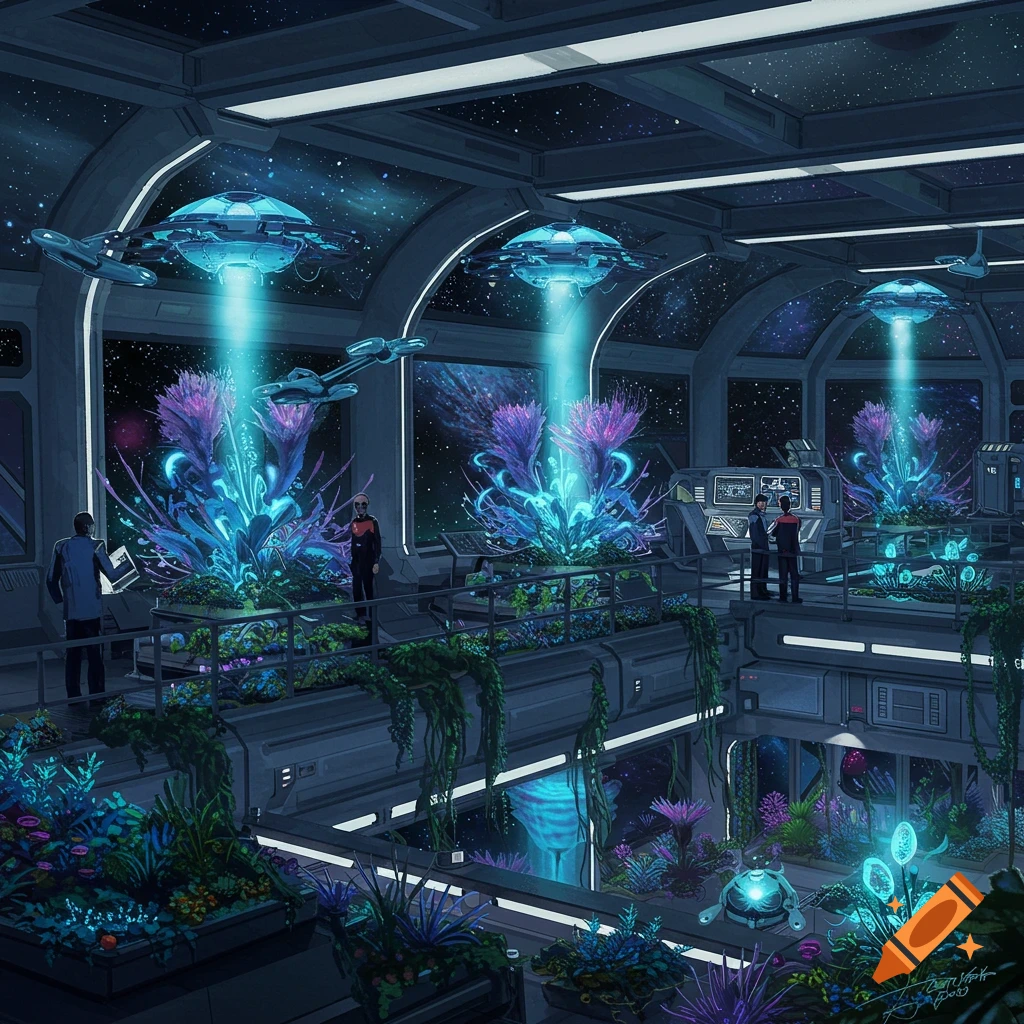Futuristic spaceship interior with two levels of exotic glowing plants in planters, and several crew members in Star Trek uniforms observing them. Large windows show a starry galaxy.
