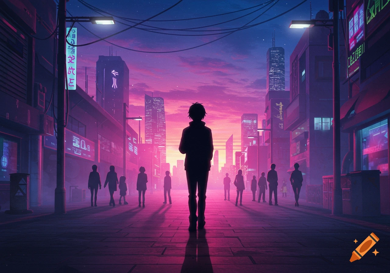 Anime still of a lone figure on a futuristic city street at sunset, with other silhouettes and neon-lit buildings under a purple and pink sky.