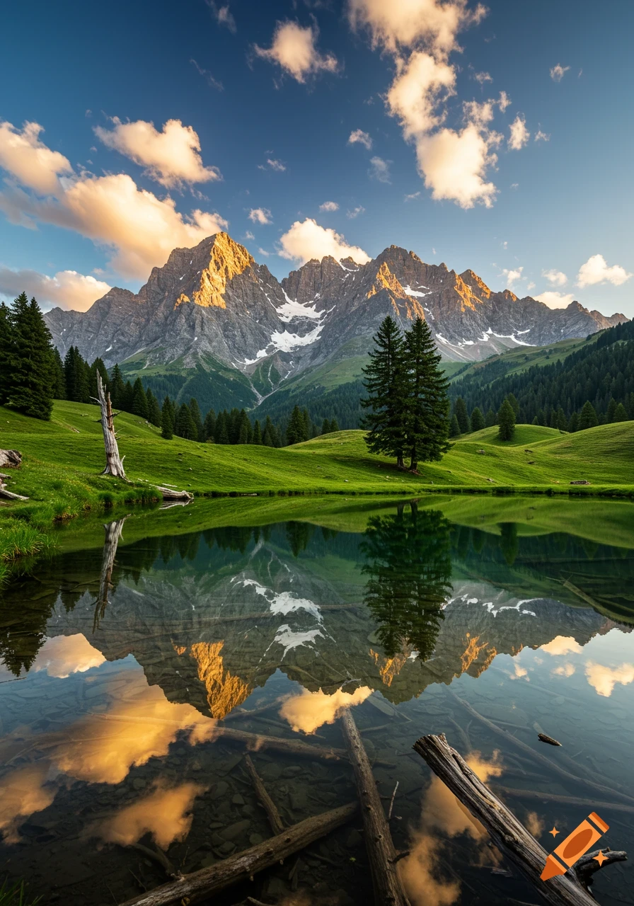 Photorealistic landscape of sunlit mountains reflecting in a calm lake with green hills and pine trees under a blue sky.