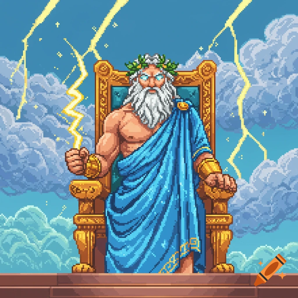 Pixel art of Zeus, crowned and robed, seated on a golden throne with a lightning bolt, surrounded by stormy clouds.
