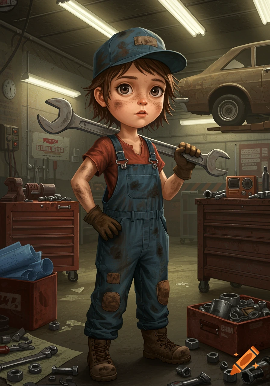 Stylized cartoon of a little girl mechanic in overalls and cap, holding a wrench in a dirty garage.