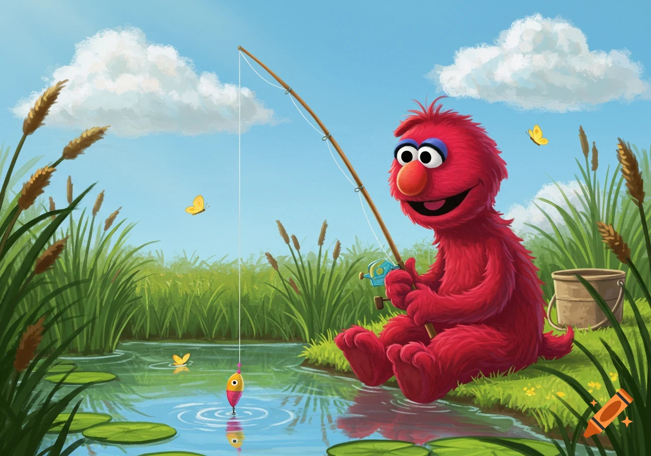 Elmo, the red muppet, sits by a pond in a grassy field under a blue sky, happily fishing with a red and yellow bobber in the water.